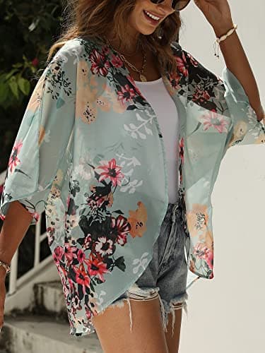 Chunoy Women Casual Plus Size Floral Print Short Sleeve Cardigan Loose Beach Wear Kimono Cover Up Blouse Tops 4X-Large Green - Image 4