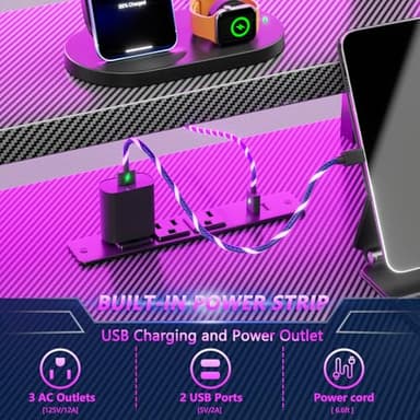 47 Inch Gaming Desk with Power Outlet & LED Lights, Corner Computer Desk with 3 Tiers Storage Shelves, Home Office Desk with Monitor Stand for Small Space, Carbon Fiber Black - Image 5