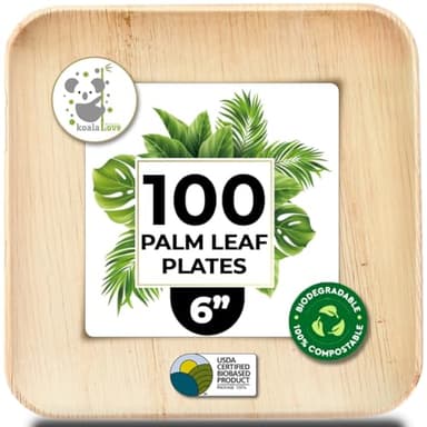 Palm Leaf Plate Bamboo Paper Disposable 6 Inch 100 Bulk Appetizer and Dessert Square Party Pack Eco Biodegradable Compostable Wooden Plates Better Than Plastic Plates By KoalaLove - Image 1