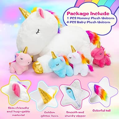 KMUYSL Toys for Girls Ages 3 4 5 6 7 8+ Years - Unicorn Mommy Stuffed Animal with 4 Baby Unicorns in Her Tummy, Soft Unicorn Plush Toys Set, Christmas Birthday Gifts for Baby, Toddler, Kids - Image 3