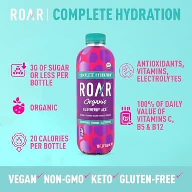 Roar Organic Electrolyte Infusions - USDA Organic - Blueberry Acai - with Antioxidants, B Vitamins, Low-Calorie, Low-Sugar, Low-Carb, Coconut Water Infused Beverage 18 Fl Oz (Pack of 12) - Image 2