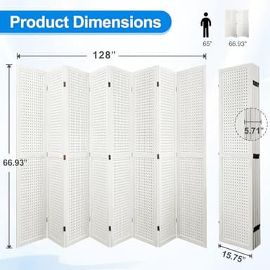 Grungis 8 Panel Room Divider with Pegboard Display 5.6FT Wood PegBoard Room Dividers, Folding Privacy Screens Portable Freestanding Partition Wall Divider for Art Shows & Room Separation, White - Image 3