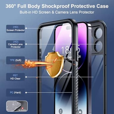 SPIDERCASE for iPhone 14 Pro Case Waterproof, Built-in Lens & Screen Protector, Full Heavy Duty Protection, 12FT Military Shockproof, Dustproof, Anti-Scratched Phone Case,Black/Clear - Image 6
