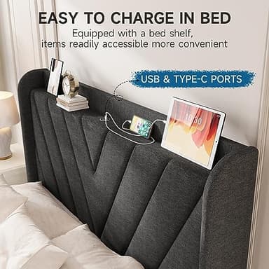 koorlian Queen Bed Frame with Headboard, Adjustable Upholstered Platform Bed Frame with Type-C&USB Ports, Wingback Storage Headboard, Solid Wood Slats Support, No Box Spring Needed, Dark Gray - Image 3