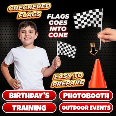 Bedwina Race Car Birthday Party Decorations - (36 Pcs) 12 - 8-Inch Orange Mini Cones for Kids & 24 Black & White Checkered Flags on Sticks - Race Car Themed Birthday Party Decor & Centerpiece Supplies - Image 3