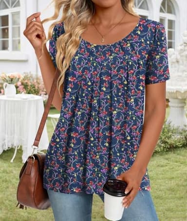 Anymeet Shirts for Women Spring Tunic Tops Short Sleeve Casual Tee Hide Belly Blouse for Leggings Navy Flowers Large - Image 2