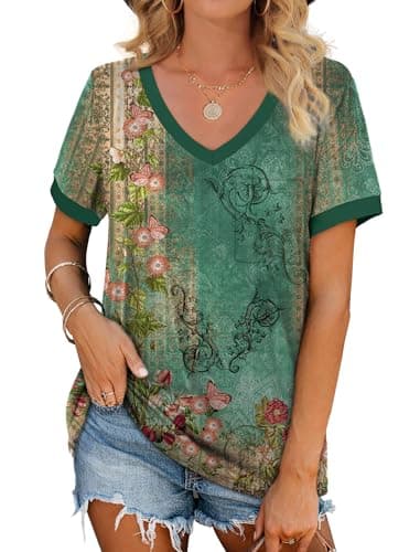 Womens Summer Tops 2025 Trendy Dressy Blouses Short Sleeve Shirts Spring Tops Color Block Tshirts Floral L - Image 1