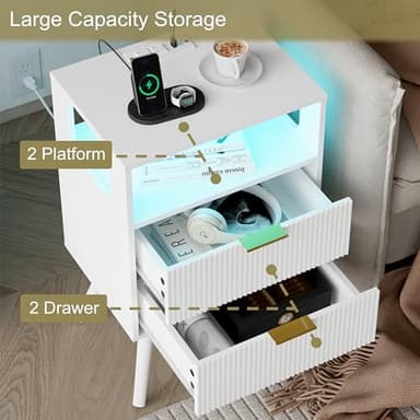 JOONEE White Nightstand with Charging Station and LED Lights,Modern Bedside Table with 2 Storage Drawer and Open Wood Shelf, for Bedroom and Small Spaces,Night Stand with Solid Wood Legs,White - Image 6