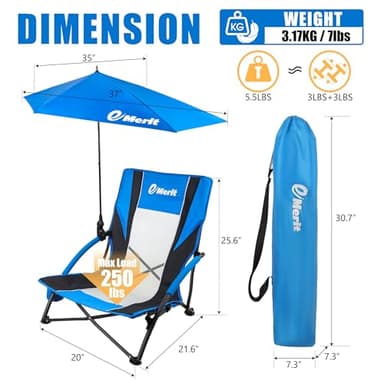 EMERIT Low Beach Chairs for Adults, Sling Beach Chair with Umberalla, Folding Backpack Camping Chair with Cup Holder - Image 3