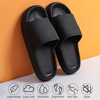 rosyclo Cloud Slides Slippers for Women and Men, Pillow Shower Bathroom Non-Slip Open Toe Super Soft Comfy Home House Cloud Cushion Slide Sandals for Indoor & Outdoor Shoes, Black - Image 2