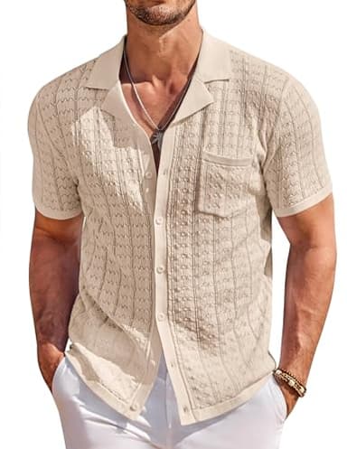 COOFANDY Men's Knit Button Down Shirt Short Sleeve Vintage Polo Shirts Summer Casual Beach Tops Light Khaki - Image 1