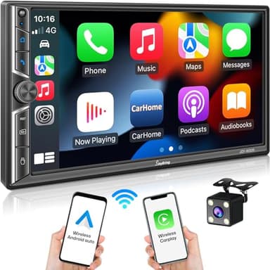 [Upgrade Wireless] 7" Double Din Car Radio with Wireless Apple CarPlay and Android Auto, Bluetooth 5.3 Car Play, 240W 4.2-Channel Audio Output, Mirror Link, Backup Camera, AM/FM Car Stereo - Image 1