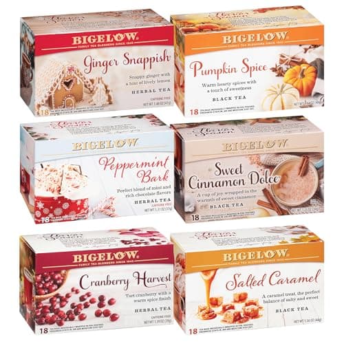 Bigelow Tea Seasonal Tea 6 Flavor Variety Pack, Mixed Caffeinated and Caffeine Free, 18 Count Pack of 6, 108 Total Tea Bags (Flavors May Vary) - Image 1