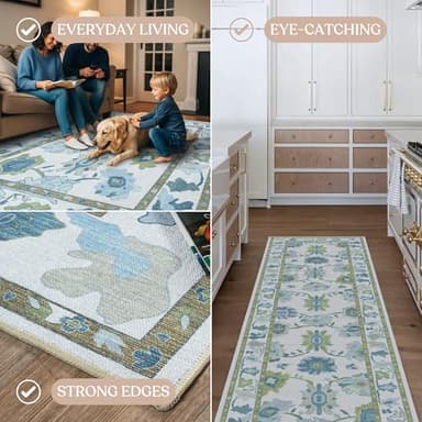 Fame Living Green Oushak Rug, Modern, Vintage, Turkish, Eclectic, Floral, Pastel, Washable, Large Area Rugs for Living Room, Dining, Bedroom, Girls, Boys, 7'5"x9'8" - Image 4