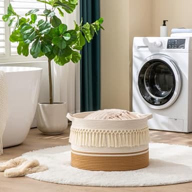 KAKAMAY Large Blanket Basket (20"x13"),Woven Baskets for storage Baby Laundry Hamper, Cotton Rope Blanket Basket for Living Room, Laundry, Nursery, Pillows, Baby Toy chest (White Fringe) - Image 5