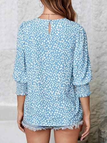 Teurkia Women's 3/4 Pleated Sleeve Blouse Crewneck Mixed Media Top Sky Blue - Image 4