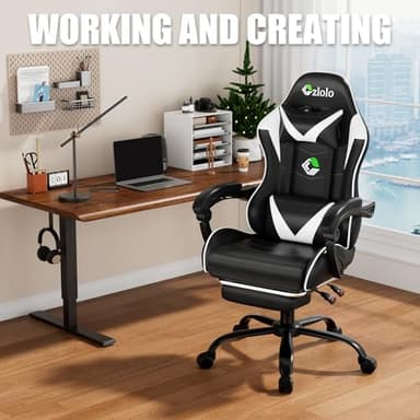 Czlolo Gaming Chair with Footrest Racing Style Lumbar Support Massager Video Game Chair with Metal Legs, High Back Reclining Gamer Chair with Headrest, 360° Swivel Office Computer Desk Chair (White) - Image 3