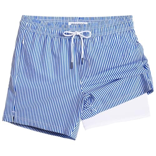 maamgic Mens Swim Trunks with Compression Liner 5" Stretch Beach Shorts Quick Dry with Zipper Pockets No-Chafing Board Shorts Blue White Stripe L - Image 1