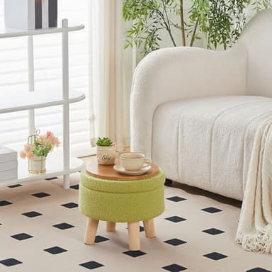 Wimarsbon Storage Ottoman, Modern Round Footrest with Soft Padded Seat, Teddy Velvet Footstool with Wood Legs, Accent Small Table or Plant Stand for Hallway, Living Room (Brilliant Green) - Image 2