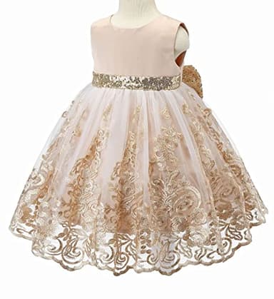 Bow Dream Baby Flower Girl Dresses Lace Bowknot Wedding Pageant Formal Tutu Gown Gold 0-3 Months - Image 4