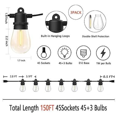 Skeerei Outdoor String Lights Waterproof 150FT Patio Lights with Shatterproof 2700K Plastic Bulbs String Lights for Outside Bistro Gazebo Pergola Café Market Lights, 3-Pack - Image 2