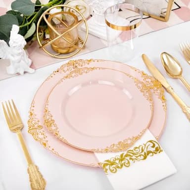 Nervure 350PCS Pink Plastic Plates - Pink Dinnerware Sets for 50 Guests - 100 Disposable Plates, 150 Gold Plastic Silverware, 50 Cups, 50 Napkins for Wedding & Party - Image 6