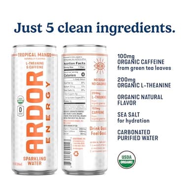 ARDOR ENERGY Sparkling Water with 100mg Natural Caffeine & 200mg L-Theanine from Organic Green Tea for Smooth Energy & Focus | Healthy Energy Drink | No Sugar, Zero Calories, Vegan, Gluten-Free | Tropical Mango (Pack of 12, 12oz cans) - Image 4
