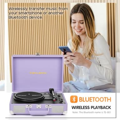 Vinyl Record Player with Built-in Speakers Vintage 3-Speed Portable Suitcase Bluetooth Turntables with USB Recording Belt-Driven LP Player Support AUX/RCA/Headphone Jack, Purple Leather - Image 8