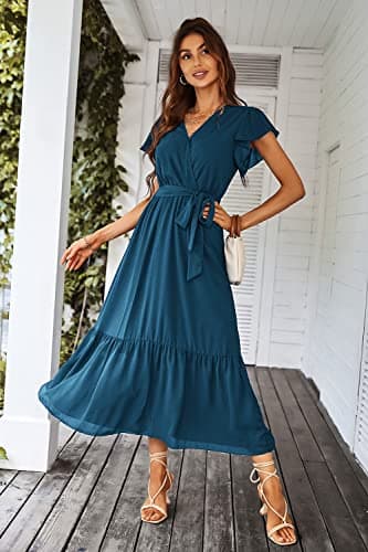 PRETTYGARDEN Women's Summer Floral Boho Dress Wrap V Neck Short Sleeve Ruffle A-Line Flowy Maxi Wedding Guest Dresses (Solid Lake Blue,XX-Large) - Image 7