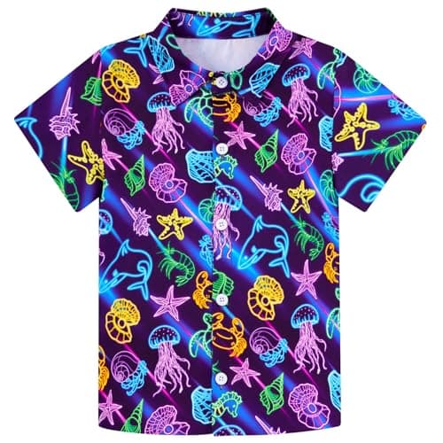 Enlifety Toddler Neon Shirts 3T 4T Boys Glow Party Jellyfish Starfish Turtle Seahorse Button Down Shirt Short Sleeve Ocean Dolphin Crab Blouse Summer School Casual Tops - Image 1