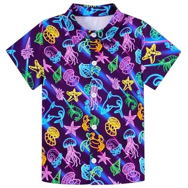 Enlifety Toddler Neon Shirts 3T 4T Boys Glow Party Jellyfish Starfish Turtle Seahorse Button Down Shirt Short Sleeve Ocean Dolphin Crab Blouse Summer School Casual Tops - Image 1
