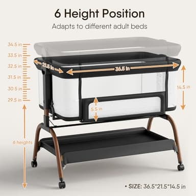 Baby Bassinet Bedside Crib, 3-in-1 Baby Bassinet Bedside Sleeper with Mattress and Soft, Breathable Sheet, Full-Mesh Sides, 6-Height Adjustable, Stable and Secure Crib for Newborns - Image 6