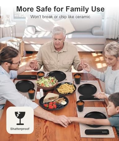 Quatish 24 Piece Plates and Bowls Sets for 6, Unbreakable Dinnerware Sets, Plastic Dish Set for Camping, Dishwasher Microwave Safe, Outdoor Kitchen and Apartment Dinning RV Essentials, Black - Image 5