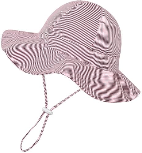 EAU LAYAMEN Baby Girl Sun Hat Infant Summer Beach Hats with UPF 50+ Toddler with Wide Brim Strap Outdoor Bucket Hat Burgundy Stripe 12-24 Months - Image 1