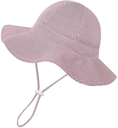 EAU LAYAMEN Baby Girl Sun Hat Infant Summer Beach Hats with UPF 50+ Toddler with Wide Brim Strap Outdoor Bucket Hat Burgundy Stripe 12-24 Months - Image 1