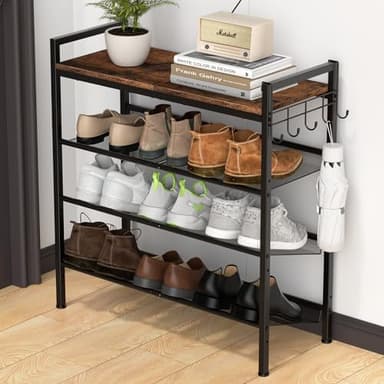 Refrze Shoe Rack for Front Door Entrance, 4 Tier Height-Adjustable Metal Shoe Rack, Sturdy Wooden Top and Tiltable Steel Frame Heavy Duty Shoe Organizer for Bathroom,Bedroom,Kitchen，Include Hook - Image 1