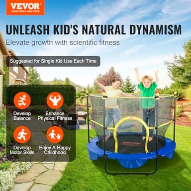 VEVOR 5FT Trampoline for Kids, 60" Indoor Outdoor Trampolines with Safety Enclosure Net, Basketball Hoop and Ocean Balls, Mini Toddler Recreational Birthday Gifts for 3+ Years Kids - Image 2