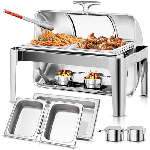 YITAHOME 9 Qt Visible Roll Top Chafing Dish Buffet Set, Rectangular Stainless Steel Buffet Warmer Chafers, for Wedding, Parties, Banquet, Catering Events (1 Full Size & 2 Half-Size) - Image 1