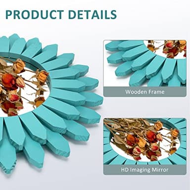 Honiway Beach Wall Decor Mirror 12 inch Wood Coastal Wall Decor Sunburst Boho Home Decor Room Decor for Bedroom Living Room Bathroom Cyan - Image 4