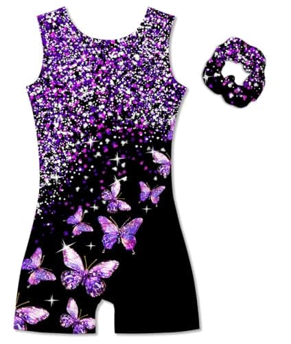 Vogseek 9-10 Years Girls Gymnastics Leotards with Hair Scrunchie Sparkle Dance Unitards Purple Butterfly's Glitter Active Biketards with Shorts for Kid Cute Tumbling Dance Outfit, Black - Image 1