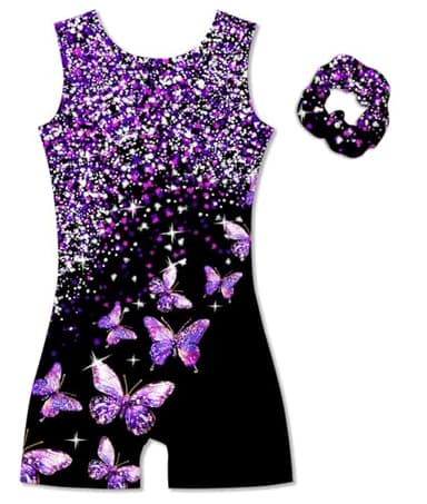 Vogseek 9-10 Years Girls Gymnastics Leotards with Hair Scrunchie Sparkle Dance Unitards Purple Butterfly's Glitter Active Biketards with Shorts for Kid Cute Tumbling Dance Outfit, Black - Image 1