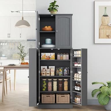 Yusong 64'' Kitchen Storage Cabinet, Tall Kitchen Pantry Storage Cabinet with Doors and Shelves, Food Pantry Cabinet Free Standing Pantry for Kitchen Dining Living Room, Grey - Image 2