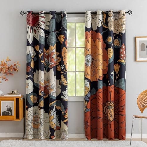 Tyrot Black Boho Floral 100% Blackout Curtains for Bedroom 84 inch Long 2 Panels Mid Century Botanical Black Out Curtains for Living Room Grommet Thermal Insulated Room Darkening Window Drapes,52Wx84L - Image 1