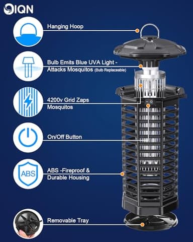 Bug Zapper Outdoor, Plug in Electric Mosquito Fly Zapper w/ 15W Light & 4200V Grid & on/Off Switch, Mosquito Traps & Killer for Indoor, Kitchen, Patio, Backyard and More (Black) - Image 3