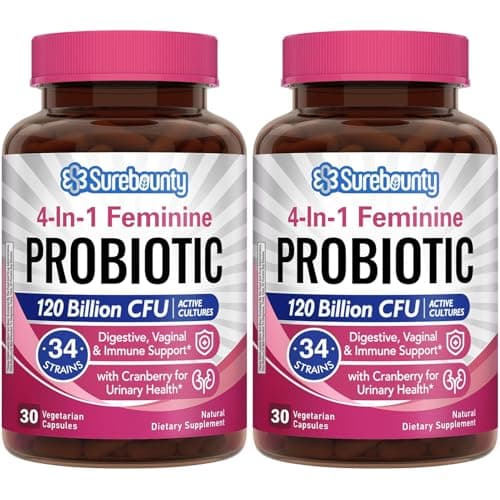 Surebounty Probiotics for Women, 120 Billion CFU 34 Strains, Prebiotics, Digestive Enzymes, Cranberry, 4-in-1 Feminine Probiotic, Digestive, Vaginal, Immune Support, 60ct (Pack of 2) - Image 1