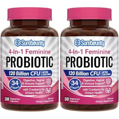 Surebounty Probiotics for Women, 120 Billion CFU 34 Strains, Prebiotics, Digestive Enzymes, Cranberry, 4-in-1 Feminine Probiotic, Digestive, Vaginal, Immune Support, 60ct (Pack of 2) - Image 1