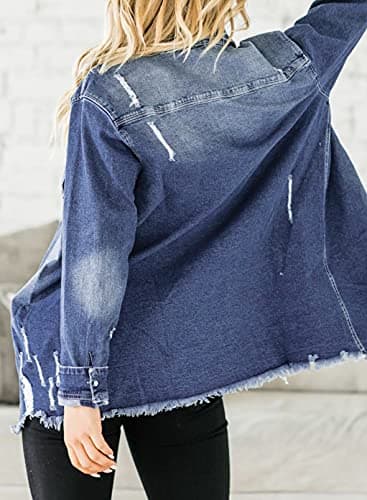 Dokotoo Women's Jean Jacket Frayed Washed Button Up Denim Jacket Shackets Fall Outfits Oversize Vintaged Casual Fashion Long Sleeve Denim Shirts for Women Boyfriend Jean Jackets for Women Blue L - Image 2