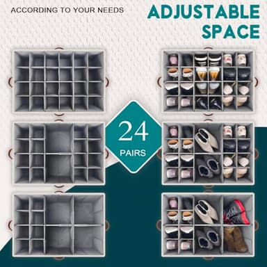 RONCHIL Shoe Organizer for Closet, Foldable Shoe Storage Bins with Clear Cover, Space Saving Shoes Holder with 4 Handles, Large Adjustable Shoe Box Storage Containers, Fits 12-24 Pairs, 2 Pack, Beige - Image 4