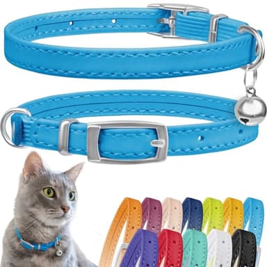 CollarDirect Leather Cat Collar with Bell - Kitten Collar, Small and Big Cat for Boy Cats, Girl Cats with Safety Elastic Strap (Neck Fit 8"-11", Light Blue) - Image 1