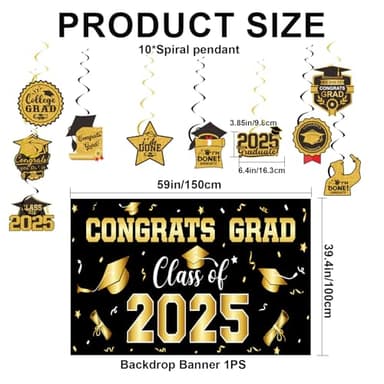 2025 Graduation Decorations Set- Class of 2025 Grad Party Decorations, Congrats Grad Banner, Backdrop, Grad Hanging Swirl, Balloons and Honeycomb Table Toppers, Graduation Party Supplies - Image 4